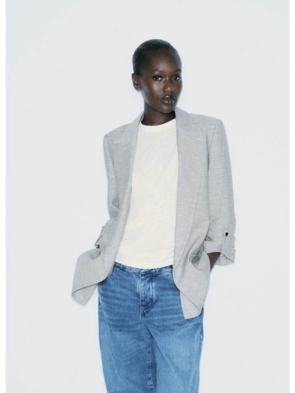Zara Womens Blazer Jacket Large Gray Ruched Sleeve Open Front 8068/526 NWOT
